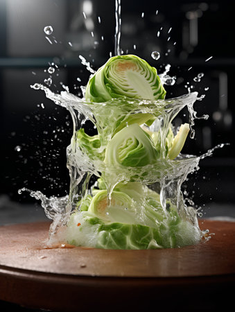 Falling green brussels sprouts with water splashes.の素材