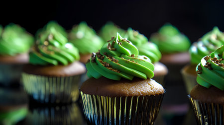 Cupcakes with green buttercream frosting on a black backgroundの素材