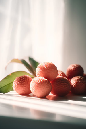 Litchi fruit on a white table. Selective focus.の素材