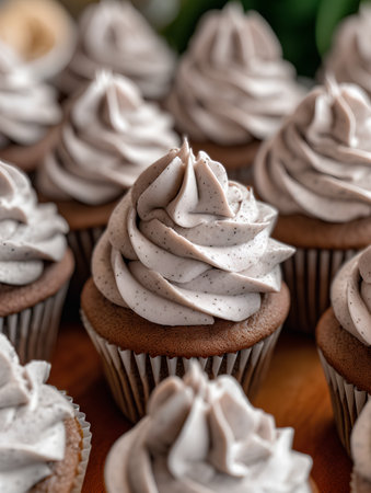 Chocolate cupcakes with cream cheese frosting, selective focus.の素材