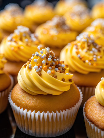 Cupcakes with buttercream frosting and sprinkles on top.の素材
