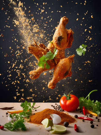 Fried chicken with spices and vegetables flying in the air over dark backgroundの素材