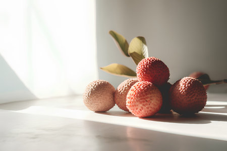 Fresh lychees on a white background. Selective focus.の素材