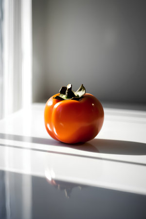 Ripe persimmon on the windowsill. Selective focus.の素材