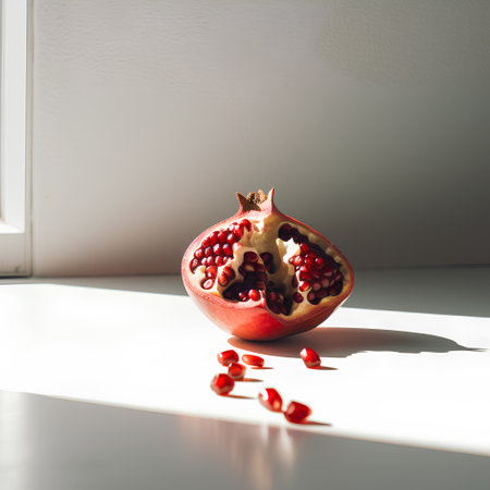 Ripe pomegranate fruit on a white background with shadowの素材