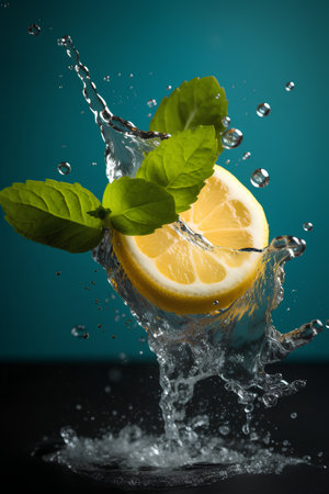 Lemon and mint in water splash on dark blue background. Healthy food concept.の素材