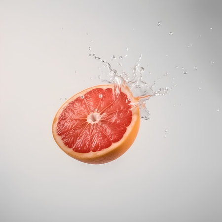 Grapefruit splashing into water, isolated on white background.の素材
