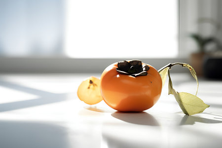 Persimmon fruit on a white table in the kitchen with shadowの素材