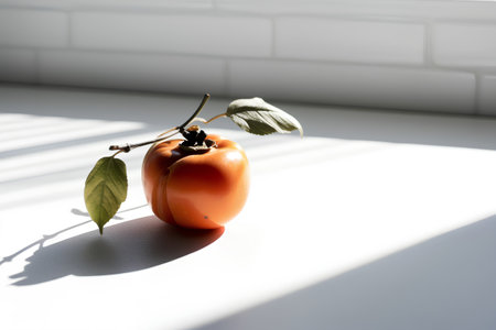 Ripe persimmon on a white background with a shadow from the windowの素材