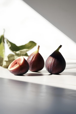 Fresh figs on a white background with a shadow from the sunの素材
