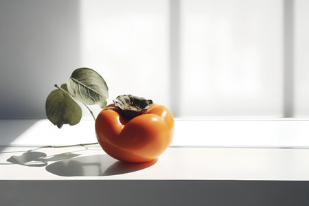 Orange persimmon on a white background with shadow from the windowの素材