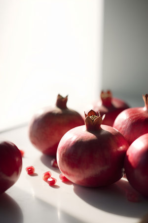 Ripe pomegranates on a white background. Selective focus.の素材