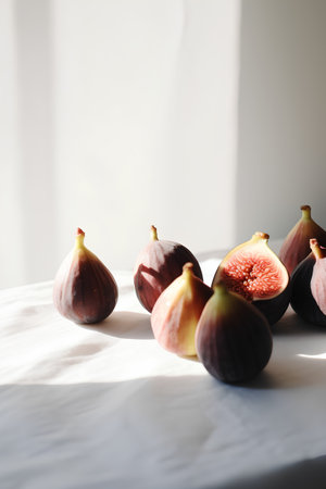 Fresh figs on white fabric, selective focus. Healthy food.の素材