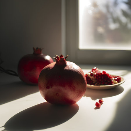 Ripe pomegranate fruit on the windowsill with sunlightの素材