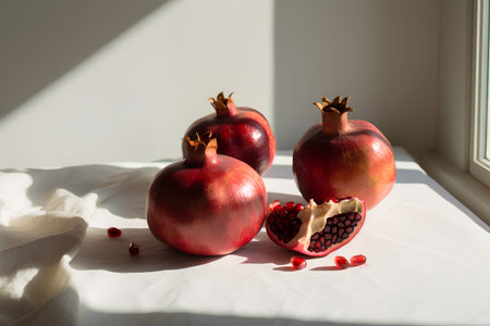 Ripe pomegranate fruit on the windowsill. Still life.の素材