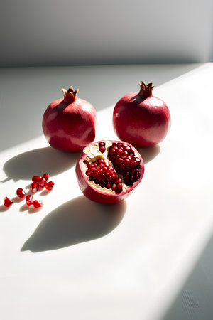 Ripe pomegranate fruit on a white table with shadows from the sun.の素材