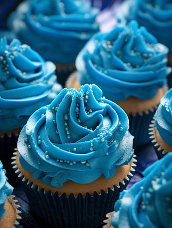 Cupcakes with blue frosting on wooden background. Toned.の素材