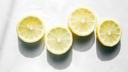 Slices of lemon on white background. Flat lay, top viewの素材