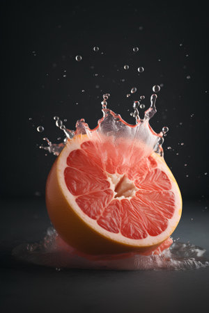 Fresh grapefruit with water splash on black background. Citrus fruit.の素材