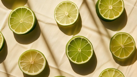 Fresh lime slices on a light background. Flat lay, top view.の素材