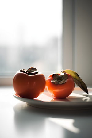 Ripe persimmon fruit on a white plate on a window backgroundの素材