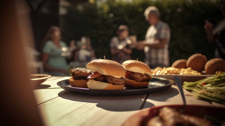 Hamburgers on a plate on a table in the gardenの素材