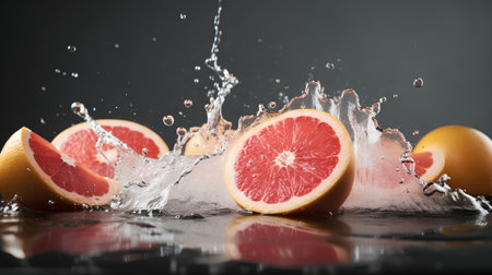 Fresh grapefruits falling into water with splash on black background.の素材