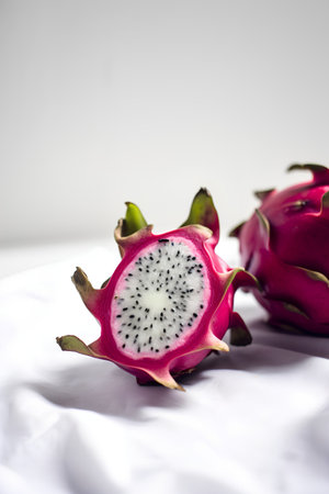 Dragon fruit on a white background, close-up, selective focus.の素材