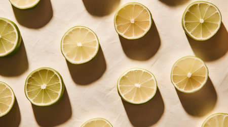 Seamless pattern made of fresh lime slices on beige backgroundの素材
