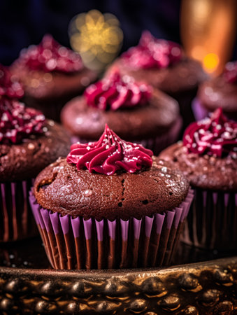 Chocolate muffins with pink buttercream frosting on a golden plate. Selective focus.の素材