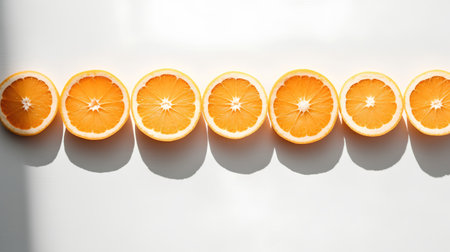 Slices of fresh orange on a white background, top viewの素材