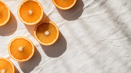 Slices of orange on a white background. Flat lay, top view.の素材