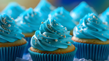 Cupcakes decorated with blue icing and sprinkles on a blue backgroundの素材