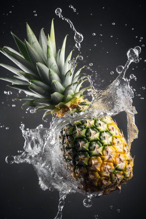 Pineapple with water splashes on black background. Tropical fruitの素材