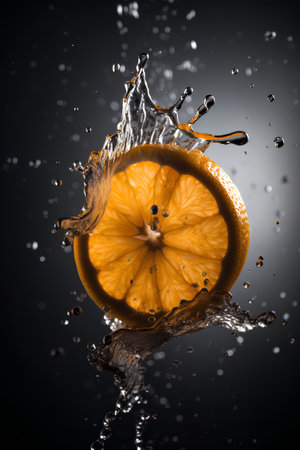 Slice of orange falling into water with splash on black background.の素材