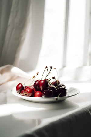 Cherries on a white plate on the table in the roomの素材