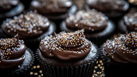 Chocolate cupcakes with sprinkles on a dark background. Toned.の素材