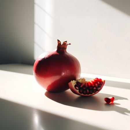 Ripe pomegranate fruit on a white background with shadowsの素材