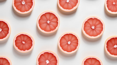 Creative pattern made of grapefruit slices on white background. Flat lay, top view minimal summer concept.の素材
