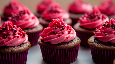 Cupcakes with pink frosting and red berries on top.の素材