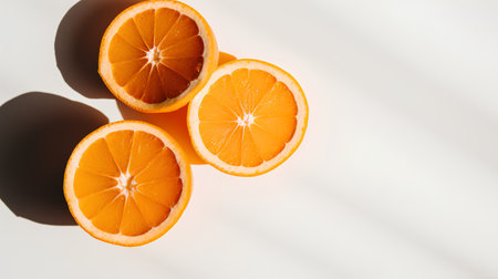Slices of fresh orange on white background. Flat lay, top viewの素材