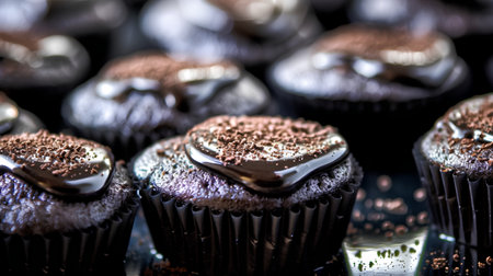 Chocolate cupcakes with chocolate frosting on a black background.の素材