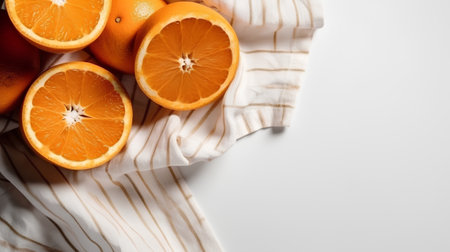 Oranges on a white background with a white towel and copy spaceの素材