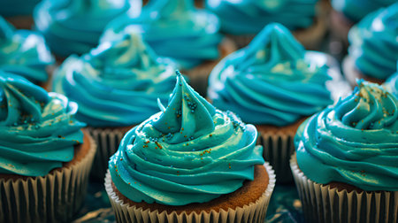 Close up of blue cupcakes with buttercream frosting. Toned.の素材
