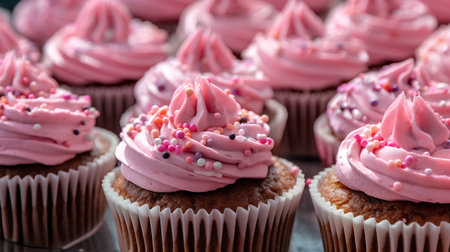 Cupcakes with pink buttercream frosting and sprinkles.の素材