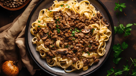 Tagliatelle pasta with beef and mushrooms, top view.の素材