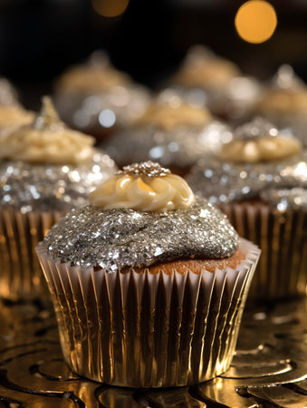 Cupcakes with icing and sugar on a golden background. Selective focus.の素材
