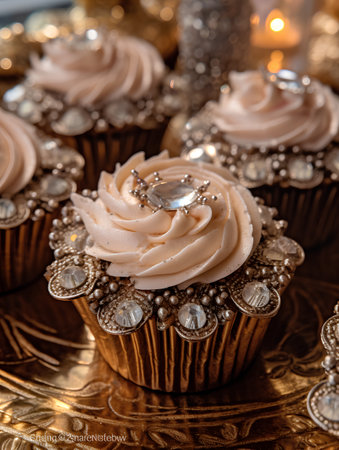 Cupcakes decorated with white frosting and gold ornamentsの素材