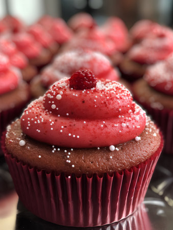 Red velvet cupcakes with raspberries and sugar powder. Selective focus.の素材