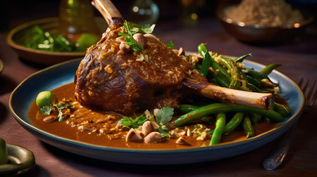 Roast lamb leg with green beans and pine nuts in a bowlの素材